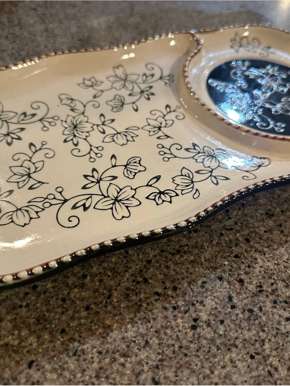 Ceramic Floral Serving Tray in Cream and Black